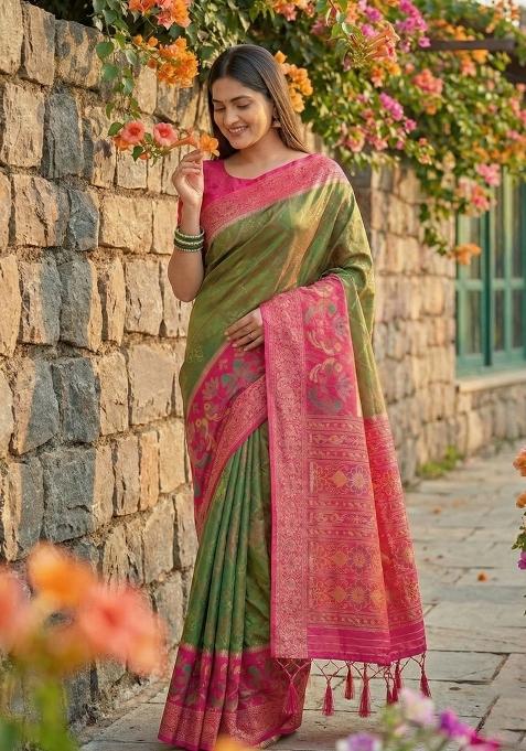 Green And Pink Woven Zari Work Pochampalli Silk Saree Set