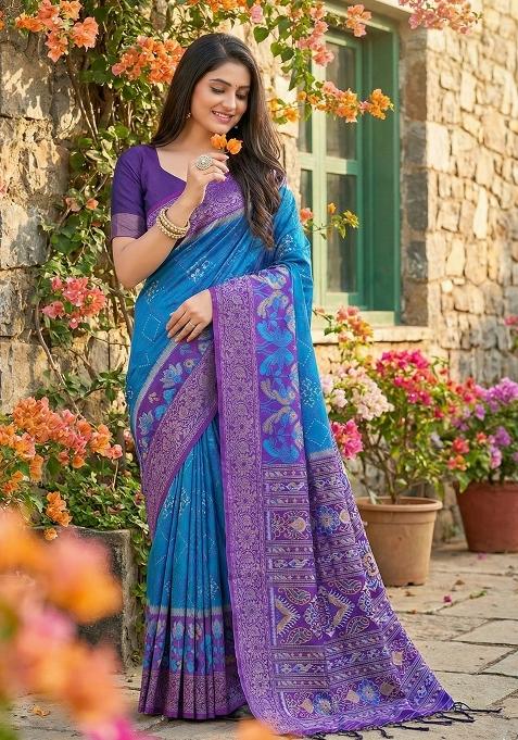 Blue And Purple Woven Zari Work Pochampalli Silk Blend Saree Set