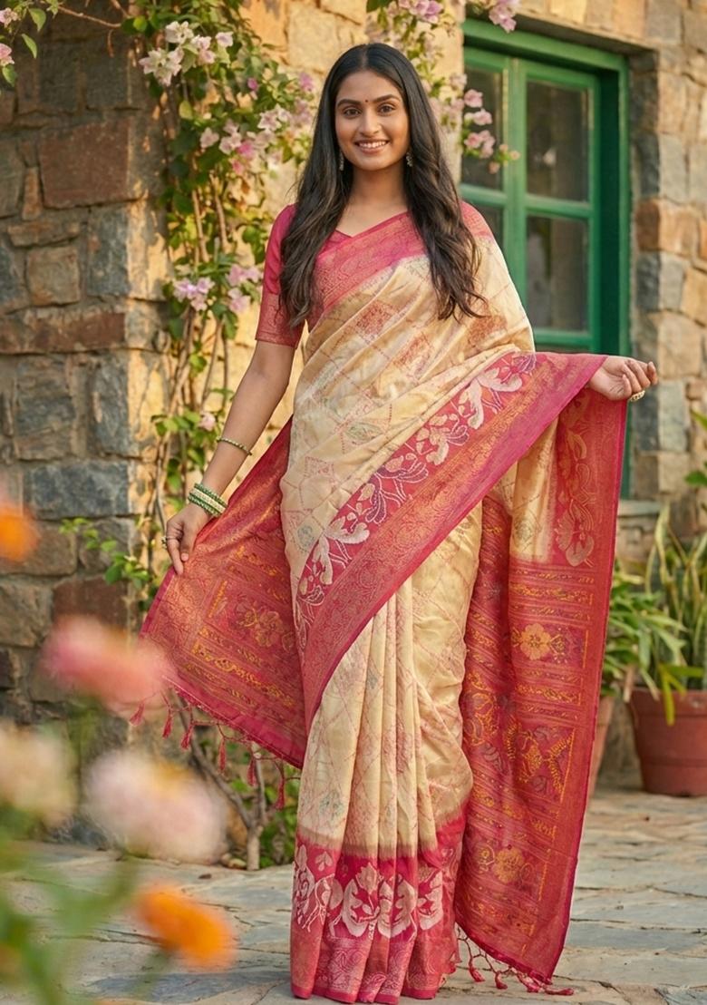 Cream Woven Zari Work Pochampalli Silk Saree Set - Indya