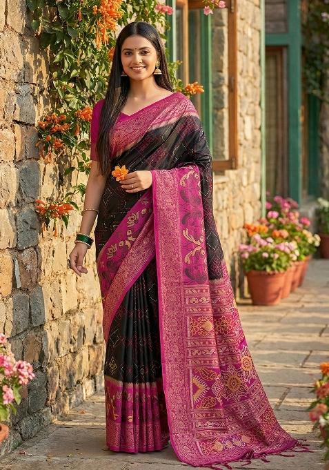 Black And Pink Woven Zari Work Pochampalli Silk Blend Saree Set