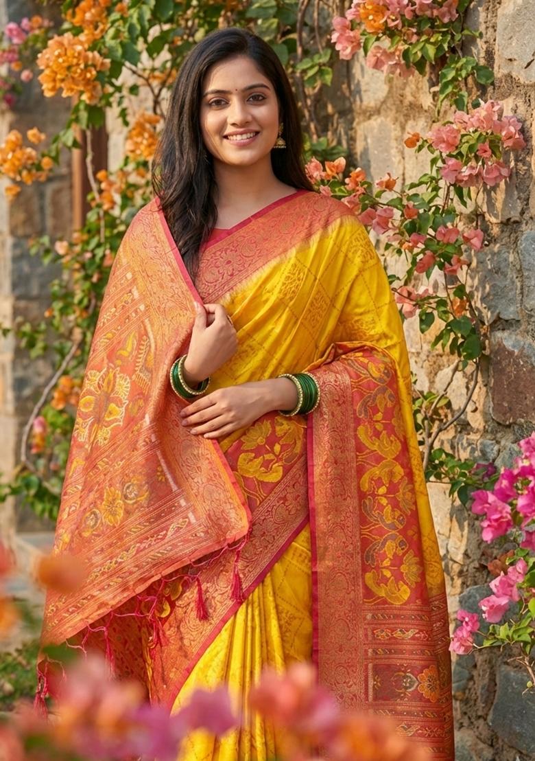 Yellow Woven Zari Work Pochampalli Silk Saree Set - Indya