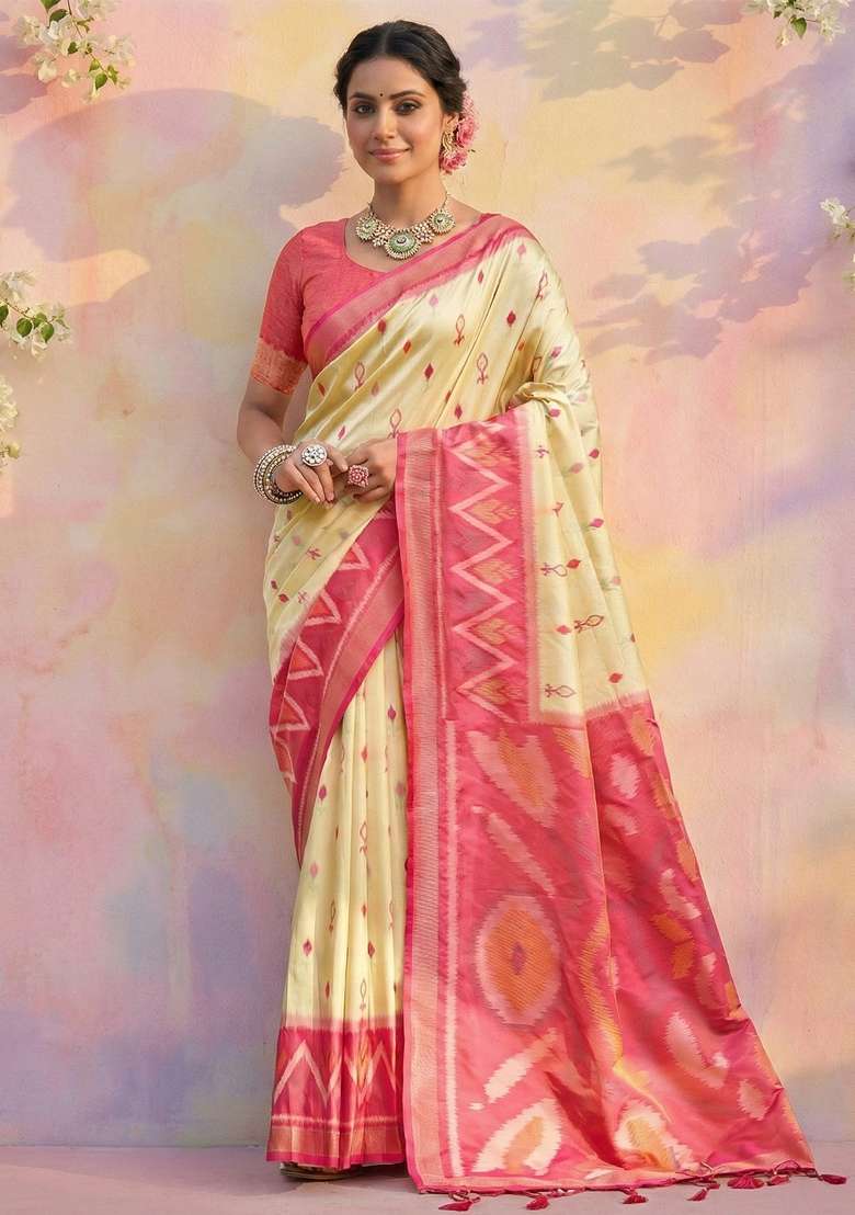 Cream Woven Pochampalli Silk Blend Saree Set with Zari Work for Diwali | Wedding & Festive Wear - Indya