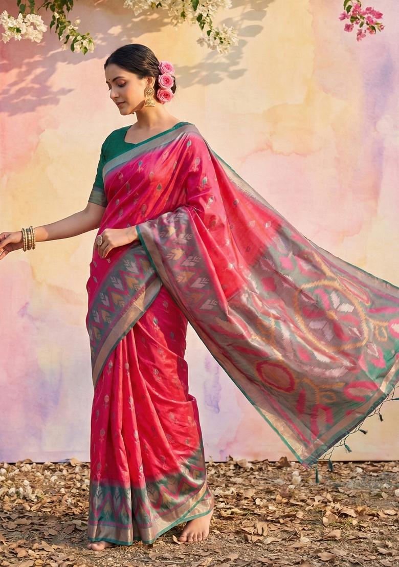 Pink Woven Zari Work Pochampalli Silk Saree Set - Indya