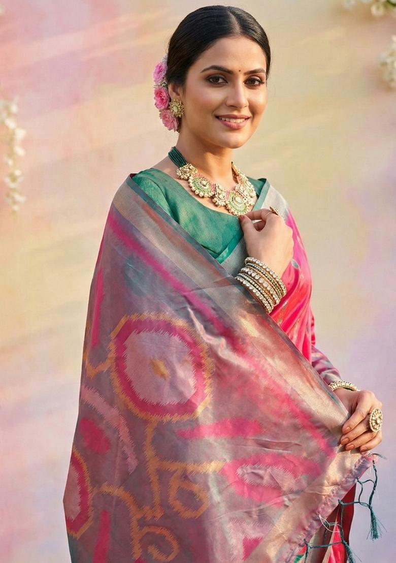 Pink Woven Zari Work Pochampalli Silk Saree Set - Indya