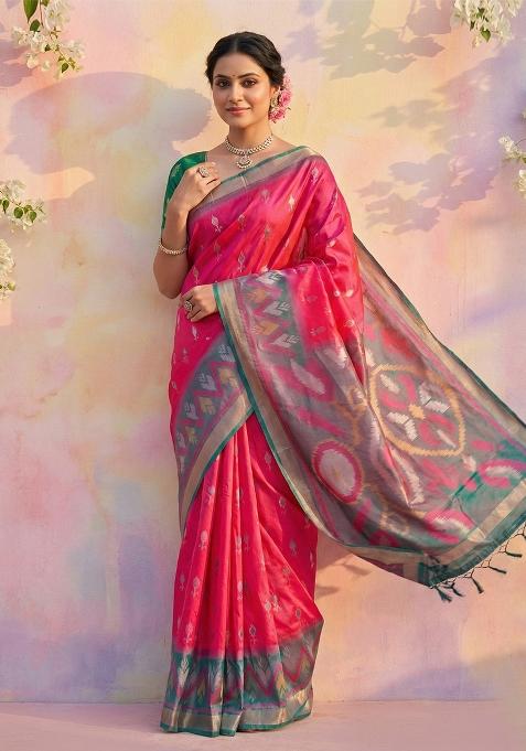 Pink Woven Zari Work Pochampalli Silk Blend Saree Set