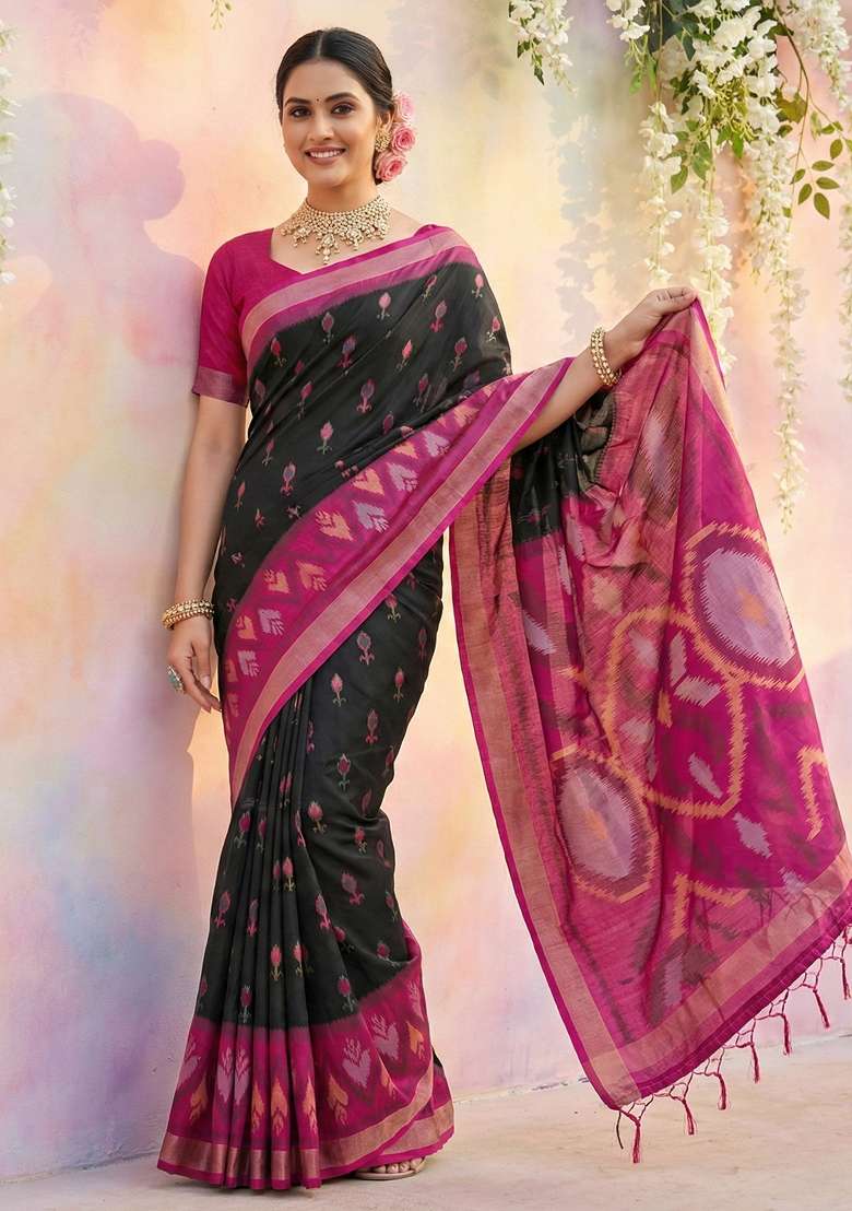 Black Woven Zari Work Pochampalli Silk Blend Saree Set for Diwali and Festive Wear - Indya