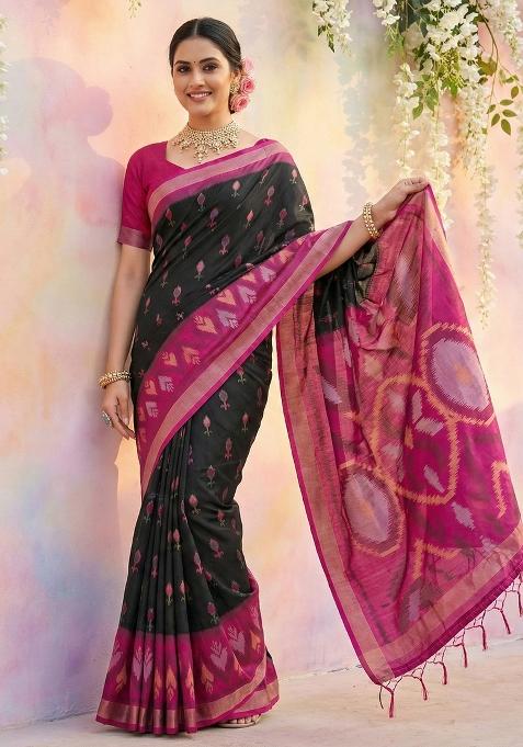 Black Woven Zari Work Pochampalli Silk Blend Saree Set