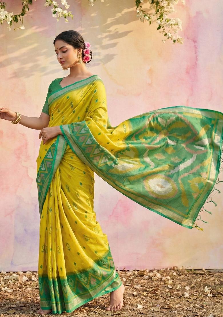 Yellow Woven Zari Work Pochampalli Silk Saree Set - Indya
