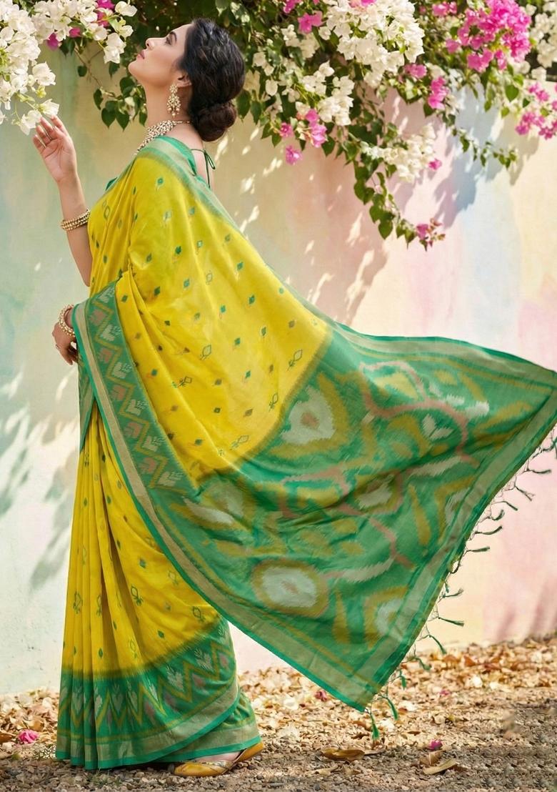 Yellow Woven Zari Work Pochampalli Silk Saree Set - Indya