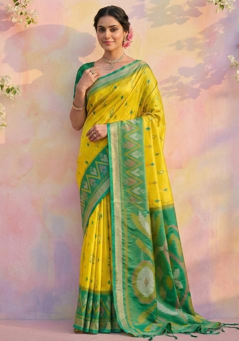 Yellow Woven Zari Work Pochampalli Silk Blend Saree Set