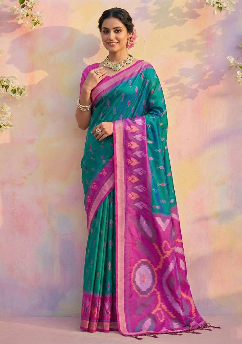 Teal Blue Woven Zari Work Pochampalli Silk Blend Saree Set for Diwali and Festive Wear - Indya