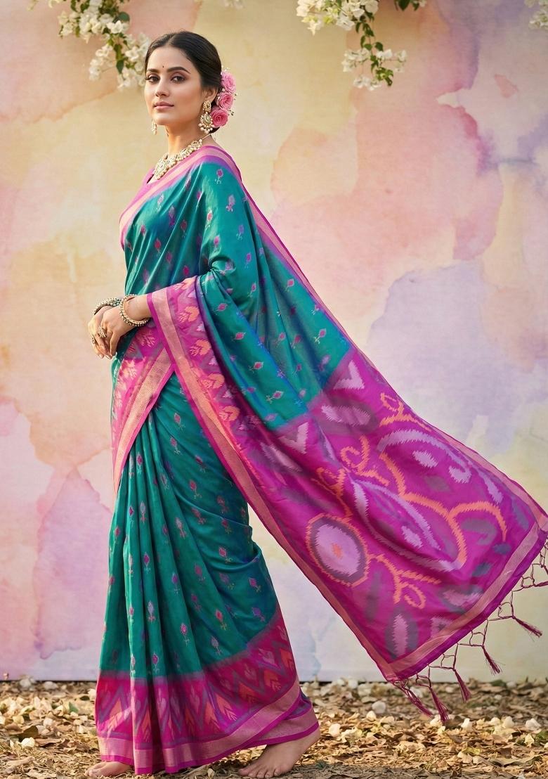 Teal Blue Woven Zari Work Pochampalli Silk Saree Set - Indya