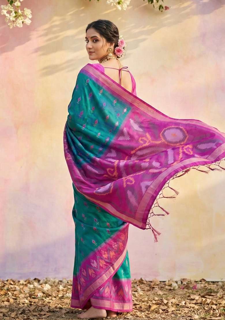 Teal Blue Woven Zari Work Pochampalli Silk Blend Saree Set for Diwali and Festive Wear - Indya