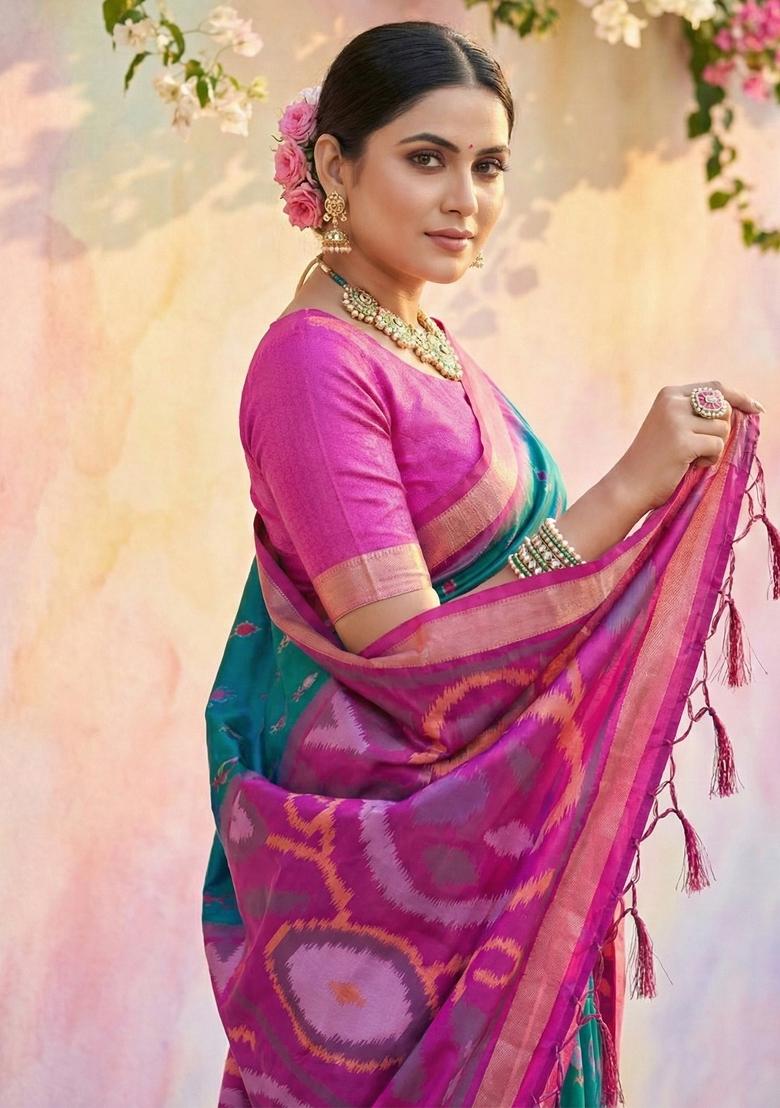 Teal Blue Woven Zari Work Pochampalli Silk Saree Set - Indya