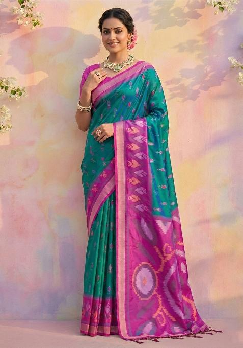 Teal Blue Woven Zari Work Pochampalli Silk Blend Saree Set