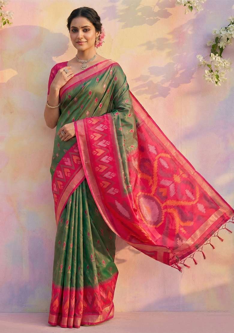Olive Green Woven Pochampalli Silk Blend Saree Set with Zari Work for Diwali | Wedding & Festive Wear - Indya