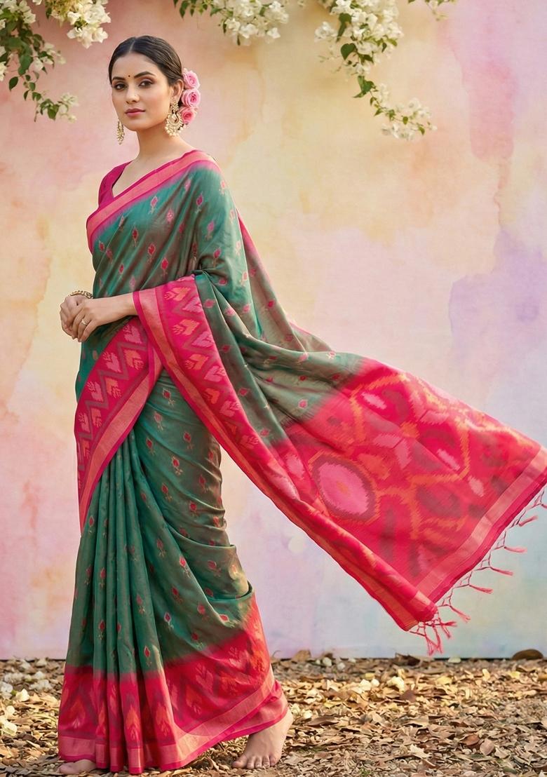 Olive Green Woven Zari Work Pochampalli Silk Saree Set - Indya