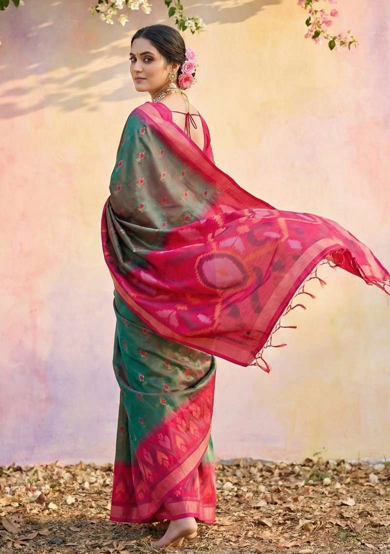 Olive Green Woven Pochampalli Silk Blend Saree Set with Zari Work for Diwali | Wedding & Festive Wear - Indya