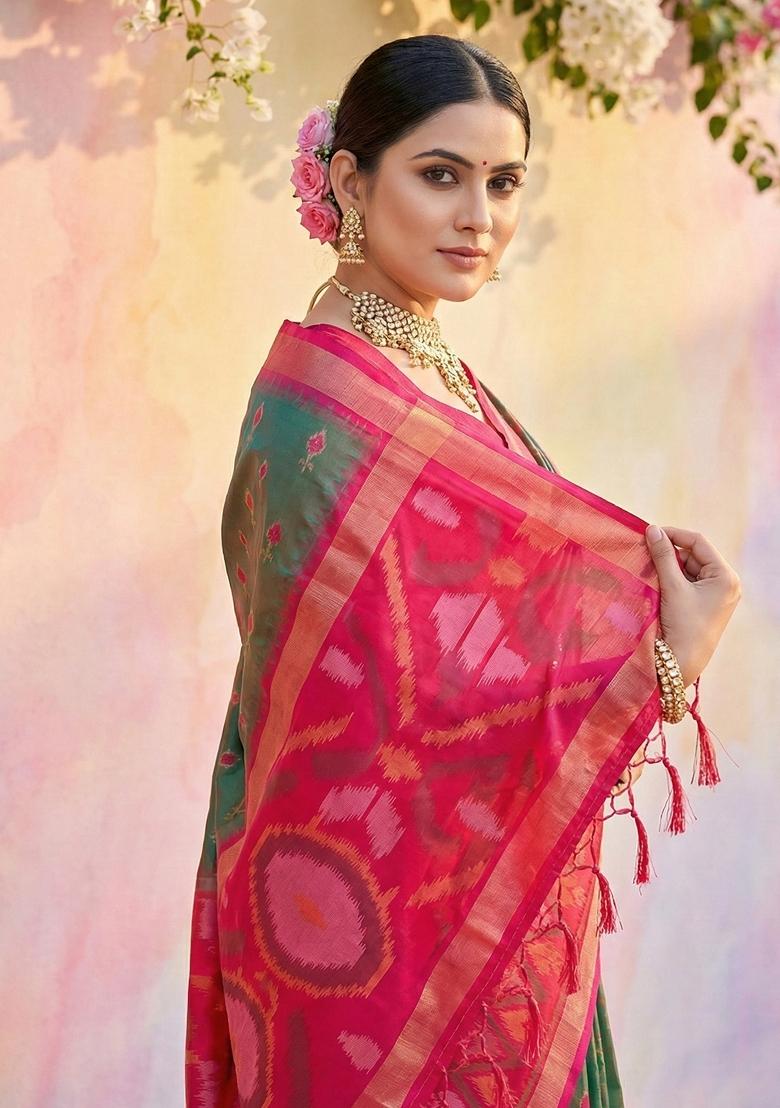 Olive Green Woven Zari Work Pochampalli Silk Saree Set - Indya