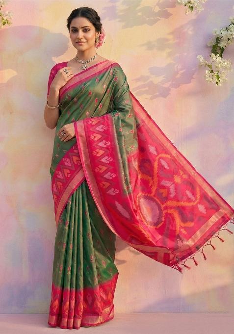 Olive Green Woven Zari Work Pochampalli Silk Blend Saree Set