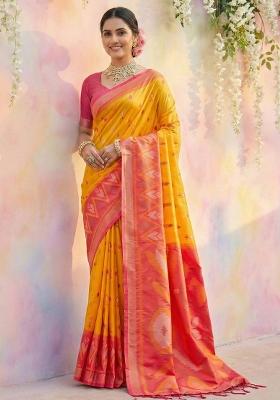 Yellow Woven Zari Work Pochampalli Silk Saree Set
