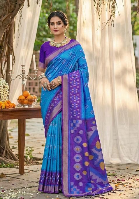 Blue Woven Zari Work Pochampalli Silk Saree Set