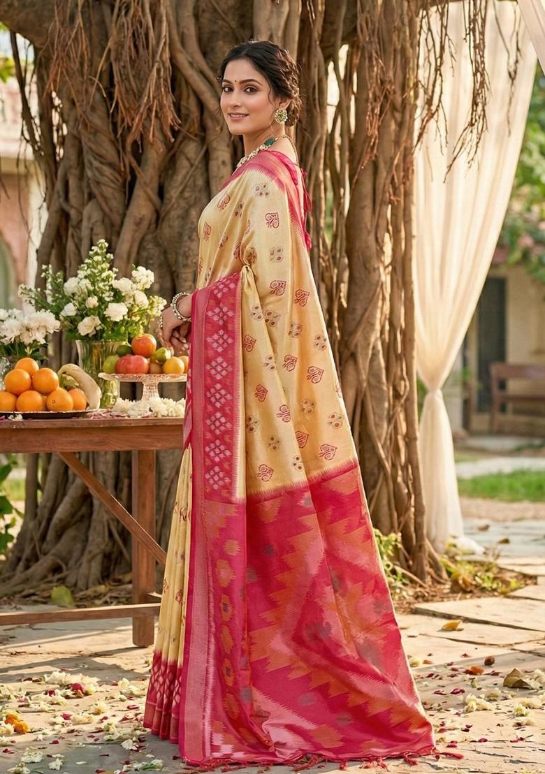 Cream Woven Zari Work Pochampalli Silk Saree Set - Indya