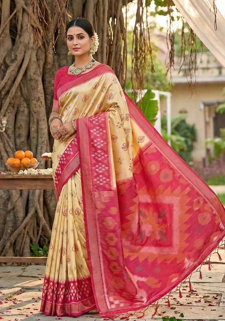 Cream Woven Zari Work Pochampalli Silk Saree Set - Indya