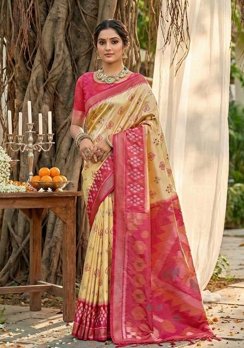 Cream Woven Zari Work Pochampalli Silk Blend Saree Set