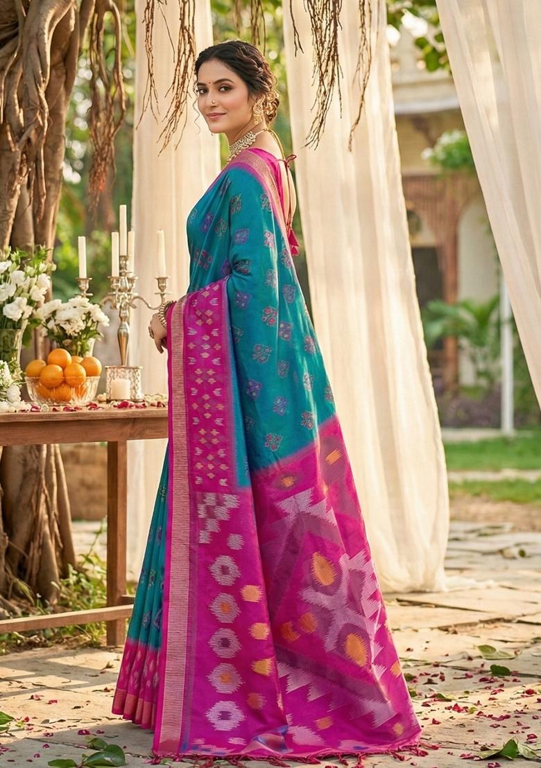 Teal Blue Woven Zari Work Pochampalli Silk Saree Set - Indya