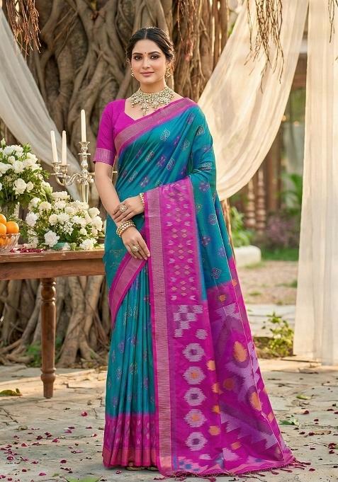Teal Blue Woven Zari Work Pochampalli Silk Blend Saree Set