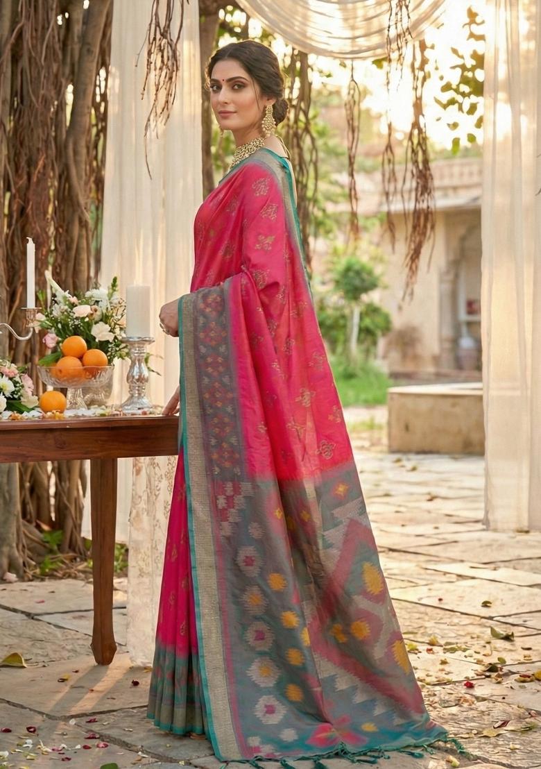 Pink Woven Zari Work Pochampalli Silk Saree Set - Indya