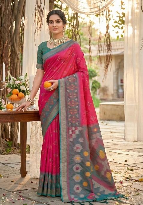 Pink Woven Zari Work Pochampalli Silk Blend Saree Set