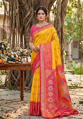 Yellow Woven Zari Work Pochampalli Silk Saree Set