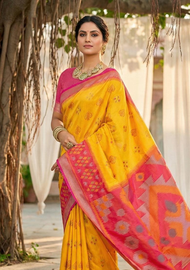 Yellow Woven Zari Work Pochampalli Silk Saree Set - Indya