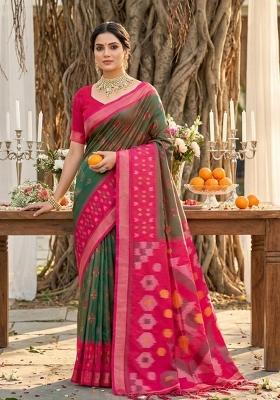 Olive Green Woven Zari Work Pochampalli Silk Saree Set