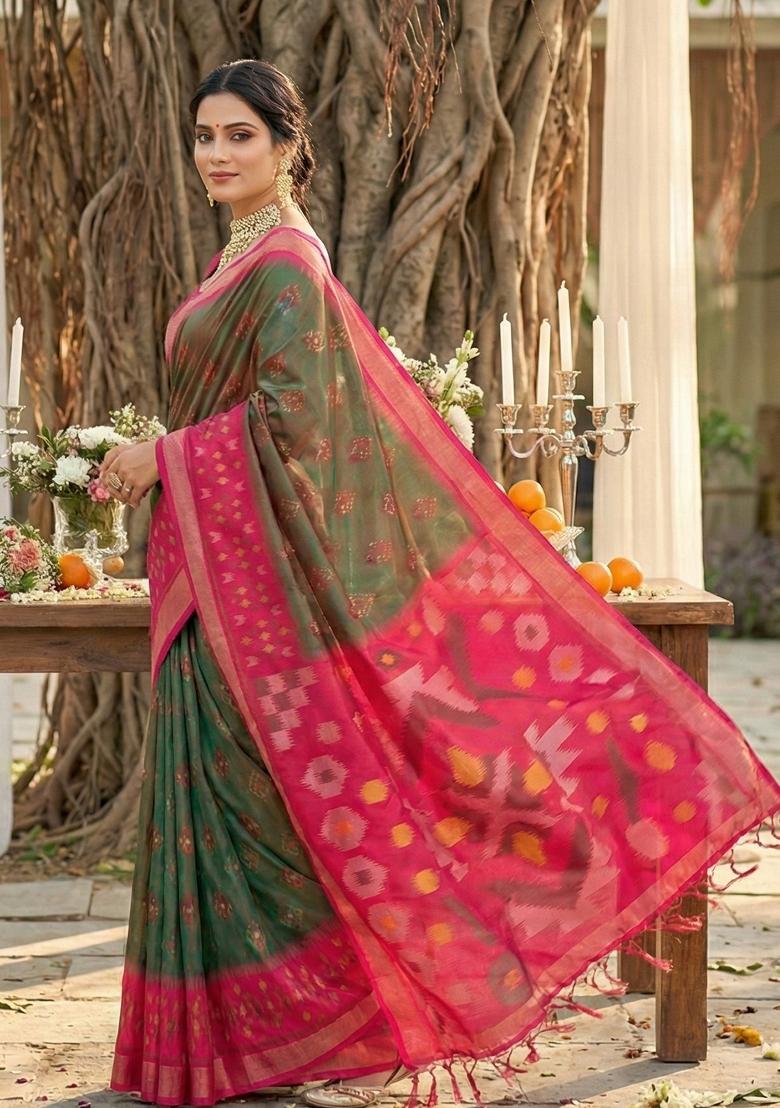 Olive Green Woven Zari Work Pochampalli Silk Saree Set - Indya