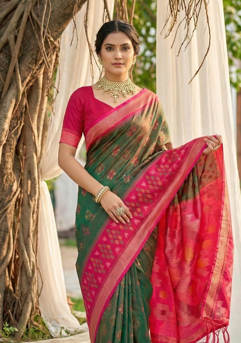 Olive Green Woven Zari Work Pochampalli Silk Saree Set - Indya