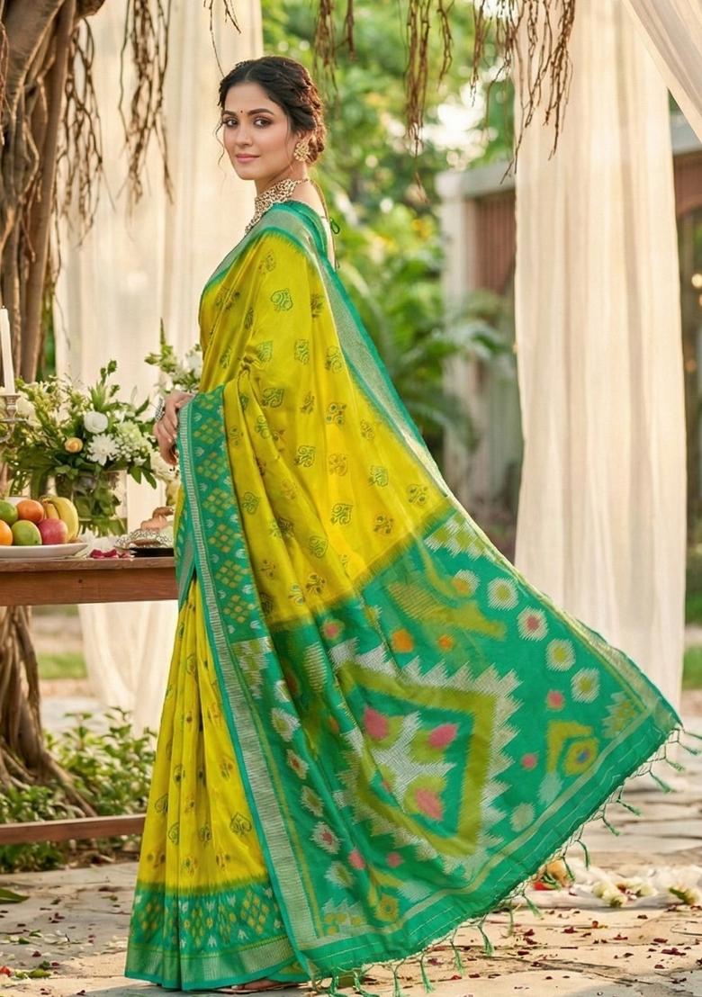 Mustard Yellow Woven Zari Work Pochampalli Silk Saree Set - Indya