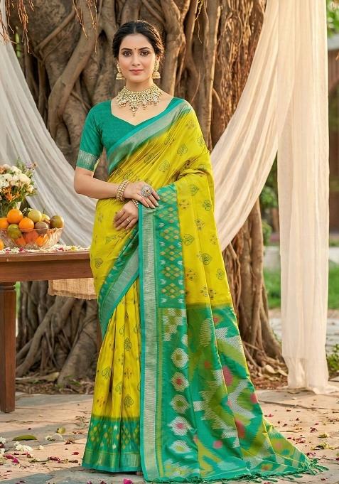 Mustard Yellow Woven Zari Work Pochampalli Silk Blend Saree Set
