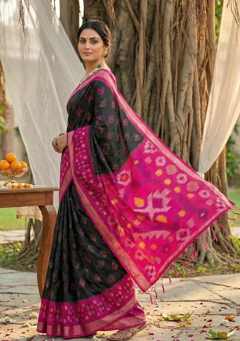 Black And Pink Woven Zari Work Pochampalli Silk Saree Set - Indya