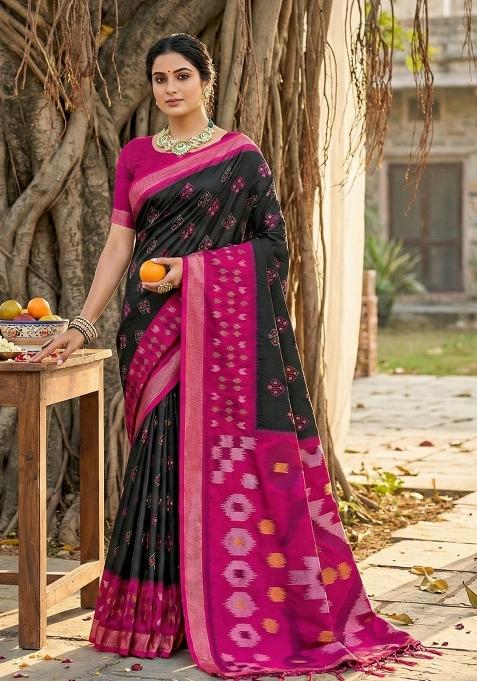 Black And Pink Woven Zari Work Pochampalli Silk Blend Saree Set