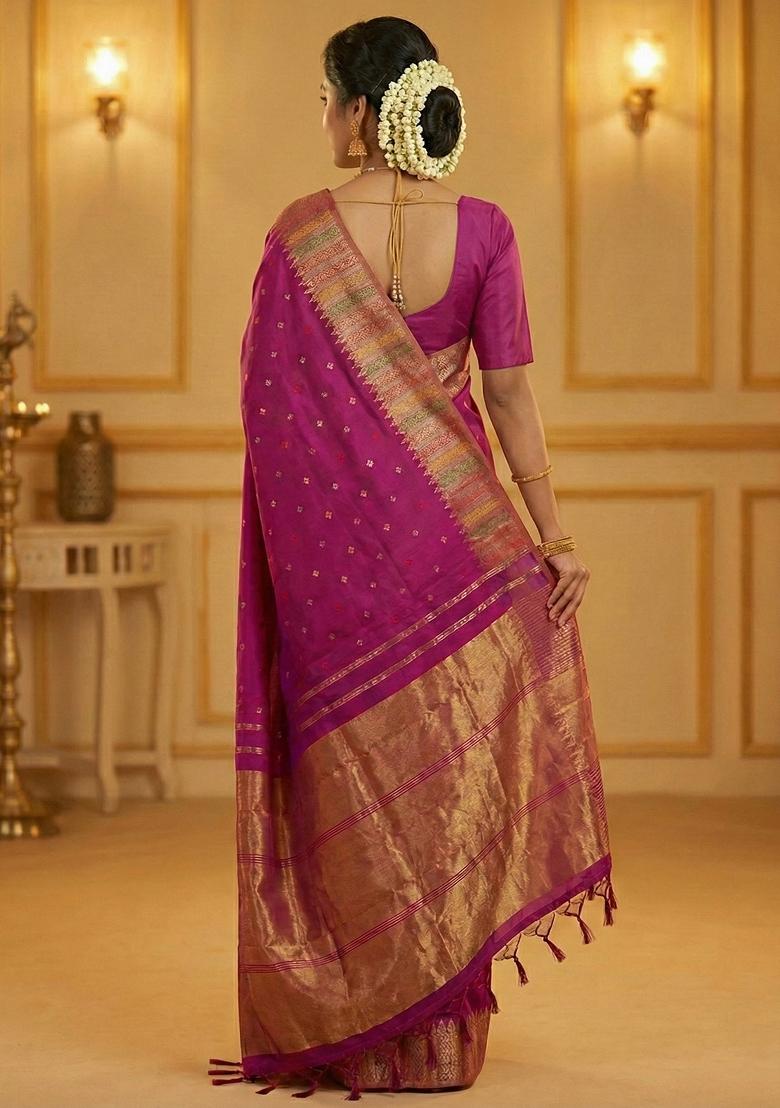 Magenta Woven Zari Work Silk Saree Set - Indya