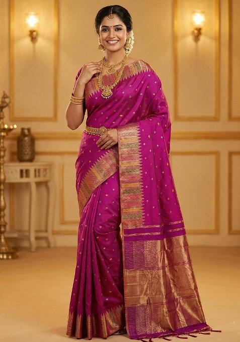 Magenta Woven Zari Work Silk Blend Saree Set