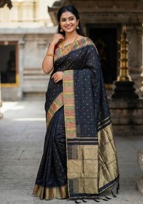 Black Woven Zari Work Silk Saree Set