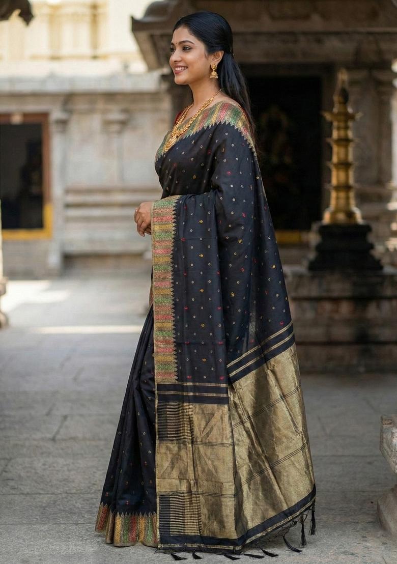 Black Woven Zari Work Silk Saree Set - Indya