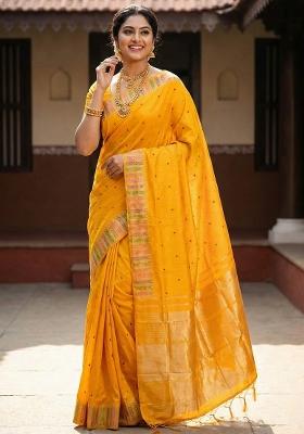 Yellow Woven Zari Work Silk Saree Set