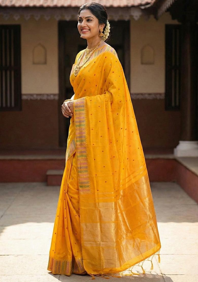 Yellow Woven Zari Work Silk Saree Set - Indya