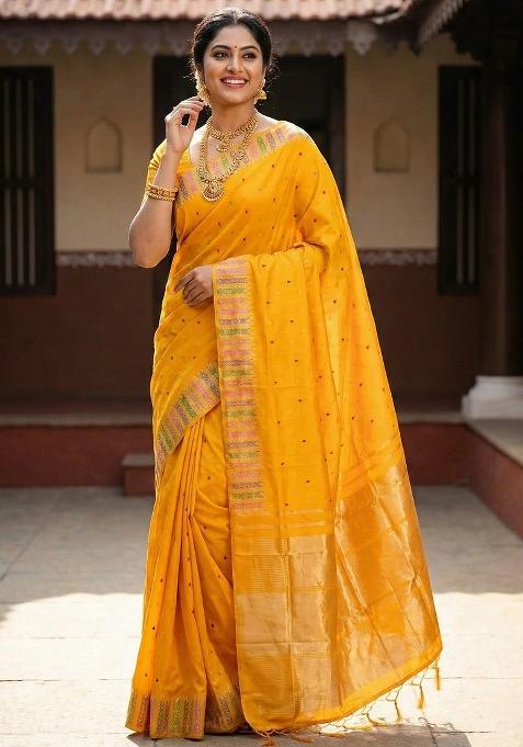 Yellow Woven Zari Work Silk Blend Saree Set