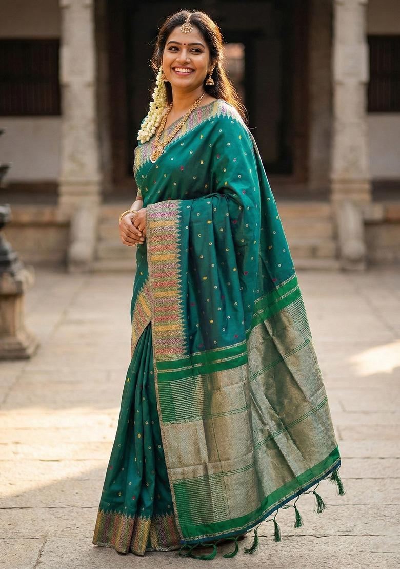 Bottle Green Woven Zari Work Silk Saree Set - Indya